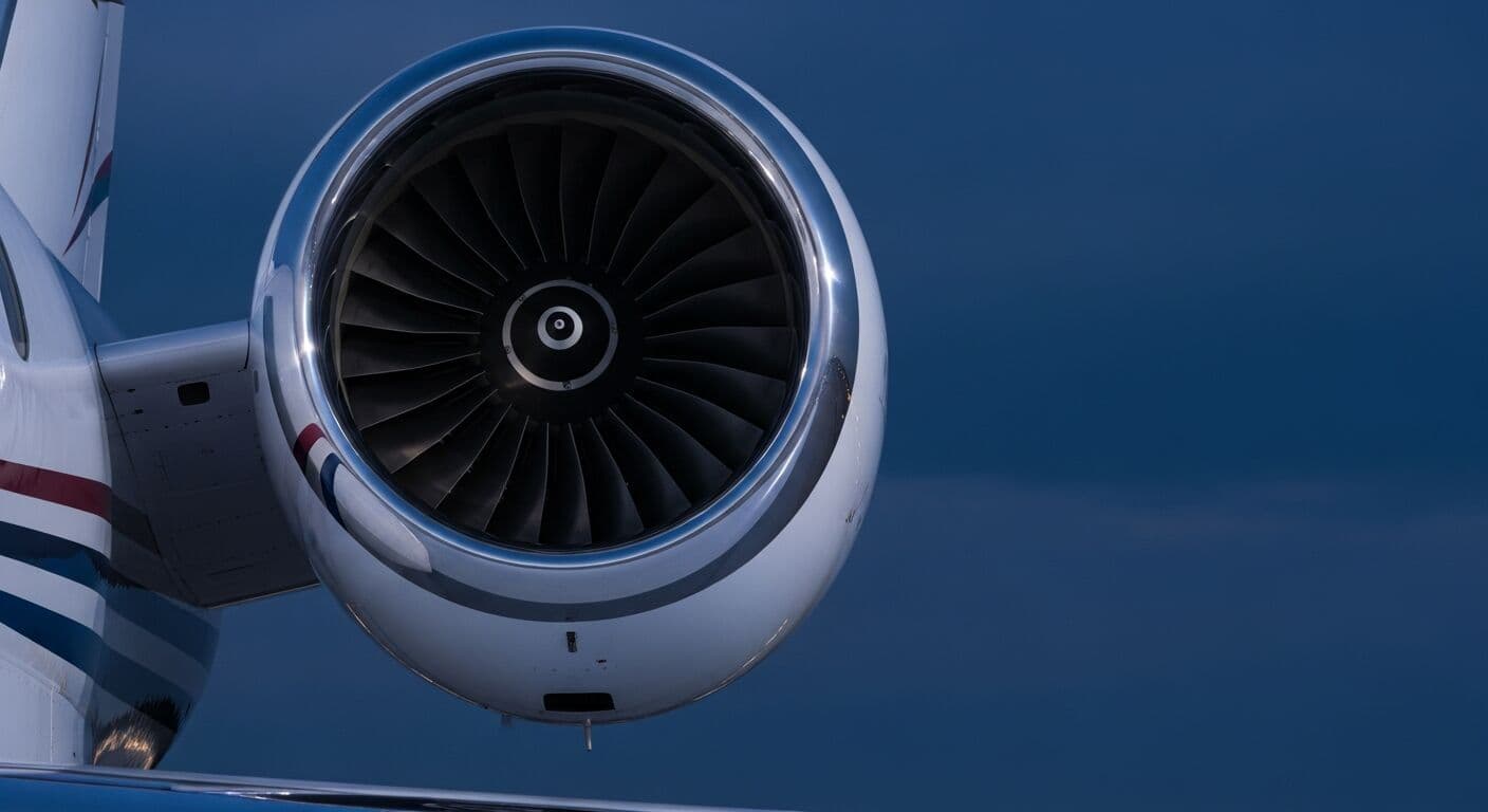 Close inspection of a business jet engine at dusk