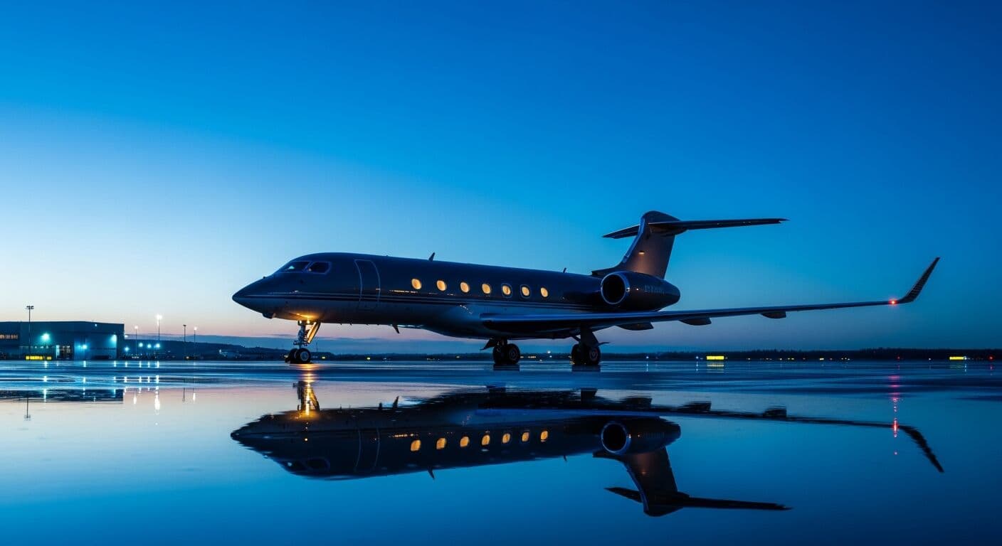 Heavy business jet on a wet ramp at dusk