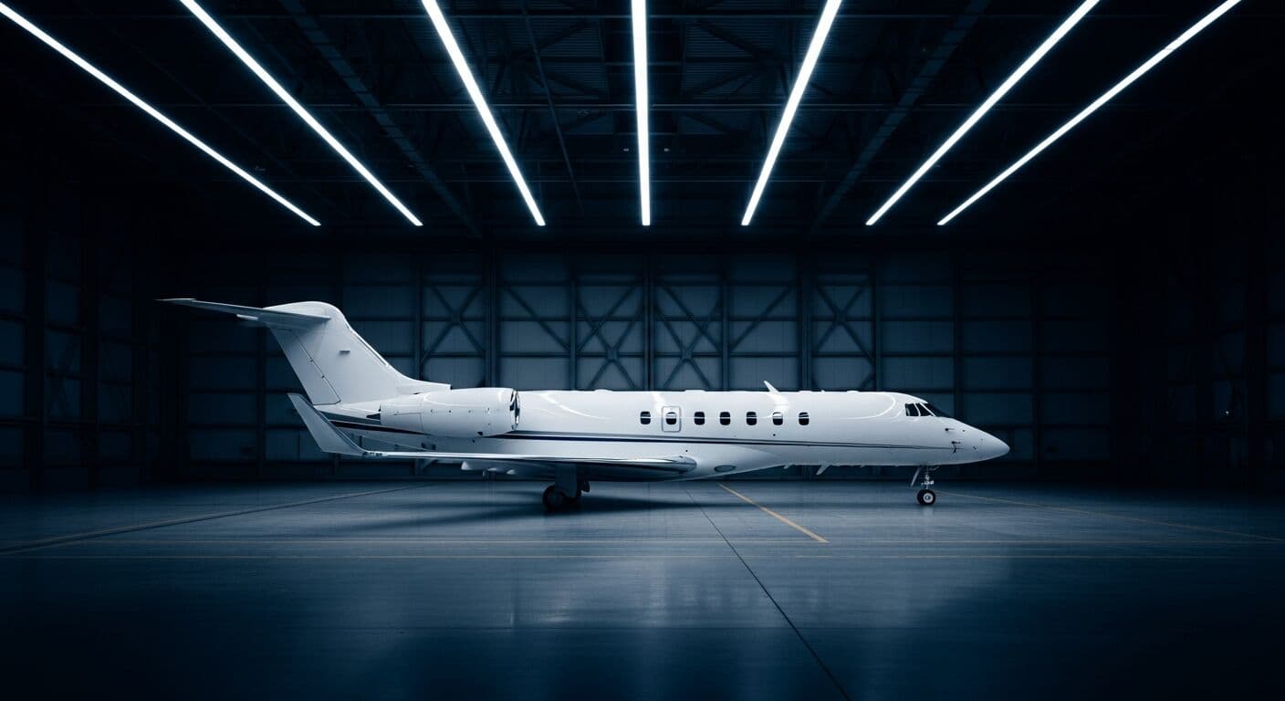 Business jet under hangar inspection lighting